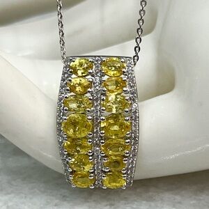 Madagascar Yellow Sapphire White Zircon Sterling Silver Pendant 20” Necklace